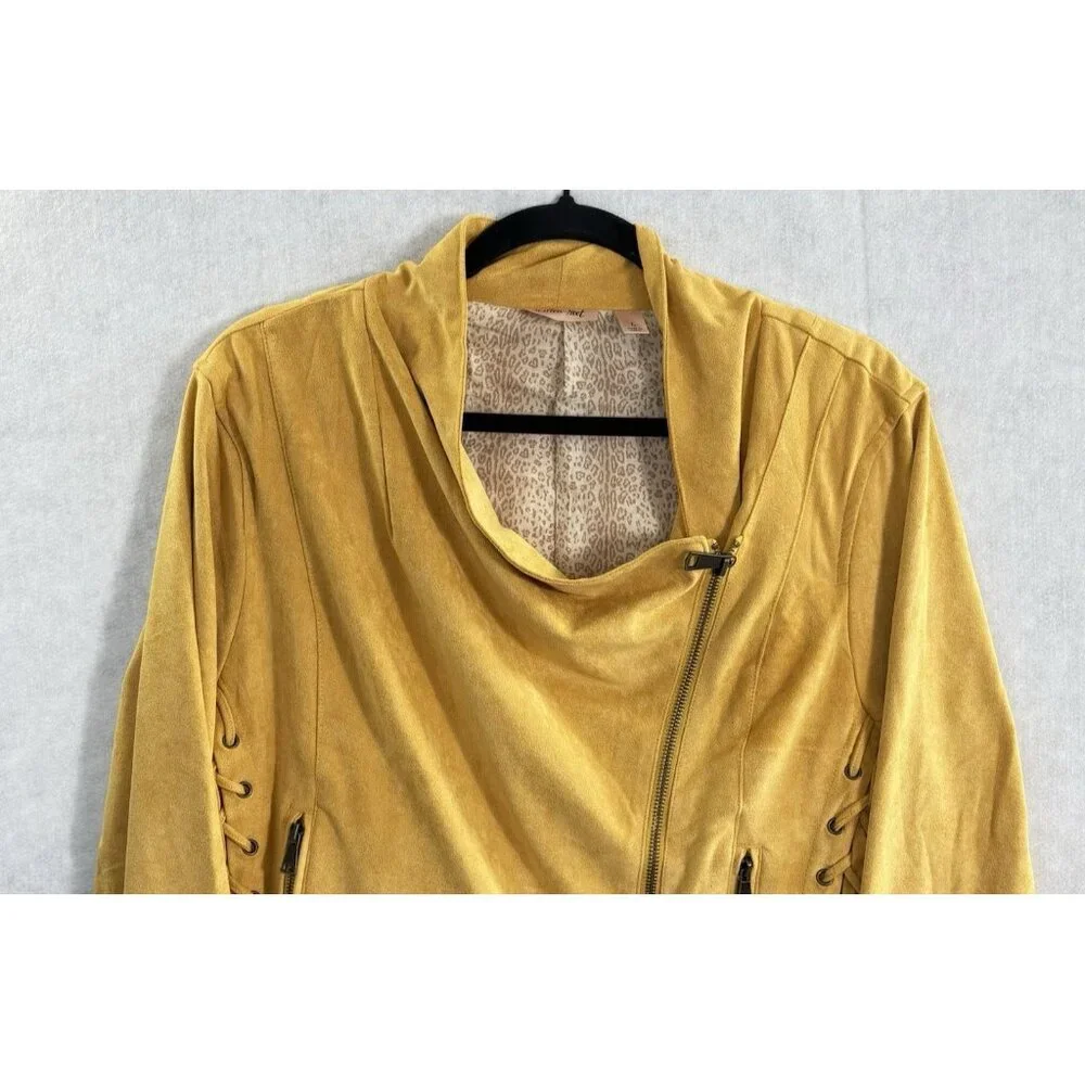WILLOW ROOT Women Jacket Faux Suede‎ Cropped Moto Long Sleeve Sz L Yellow c-25
